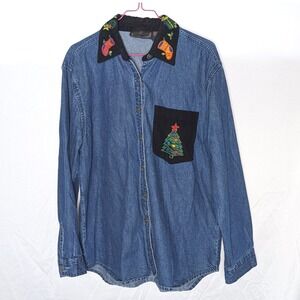 Life Style Denim Holiday Embroidered Shirt Festive Party Christmas Size M